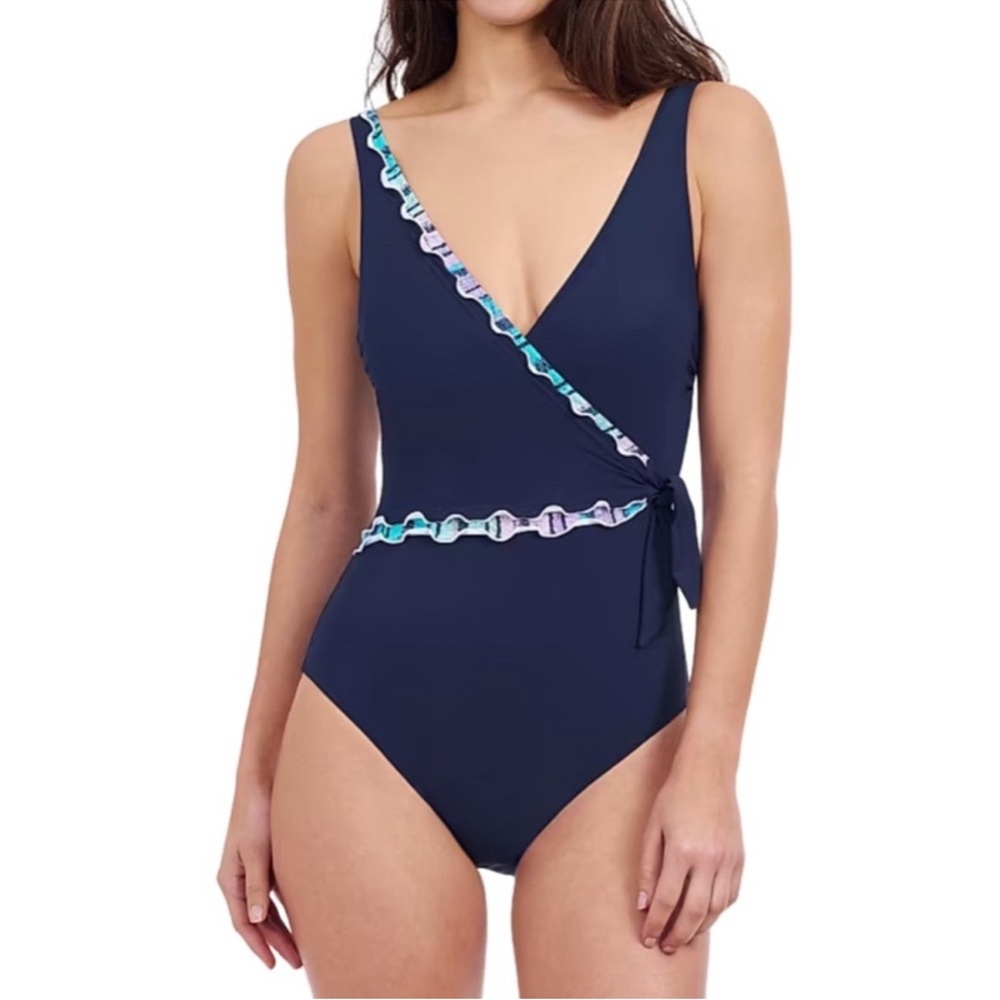 NEW Profile By Gottex One Piece Swimsuit Faux Wrap Tricolor Navy Blue Size 12